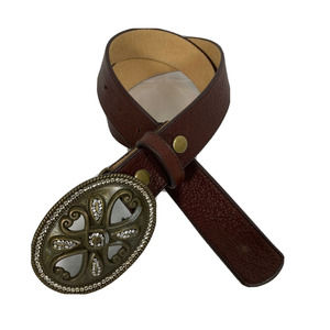Leatherock Belt Womens Small Brown Leather‎ Brass Oval Rhinestone Buckle